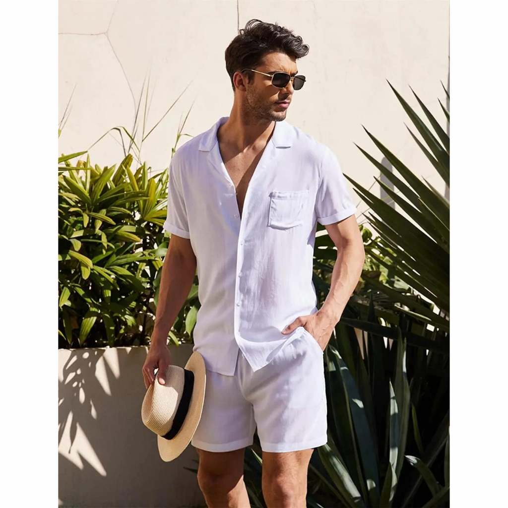 Men's Linen Shirt Shorts Set Camp Collar Short Sleeve Drawstring