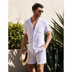 Men's Linen Shirt Shorts Set Camp Collar Short Sleeve Drawstring