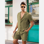 Men's Linen Shirt Shorts Set Camp Collar Short Sleeve Drawstring