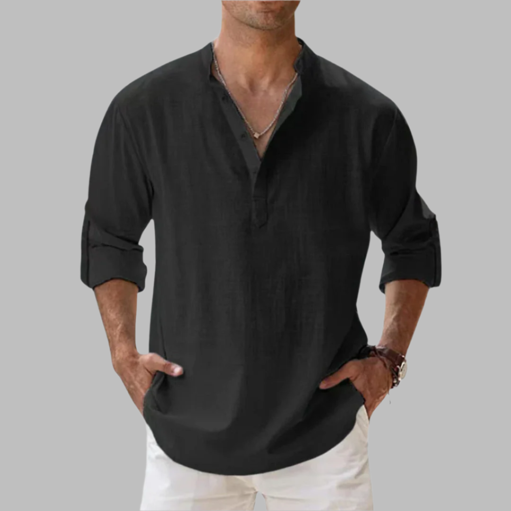 Men's Relaxed Fit Long Sleeve Band Collar Shirt