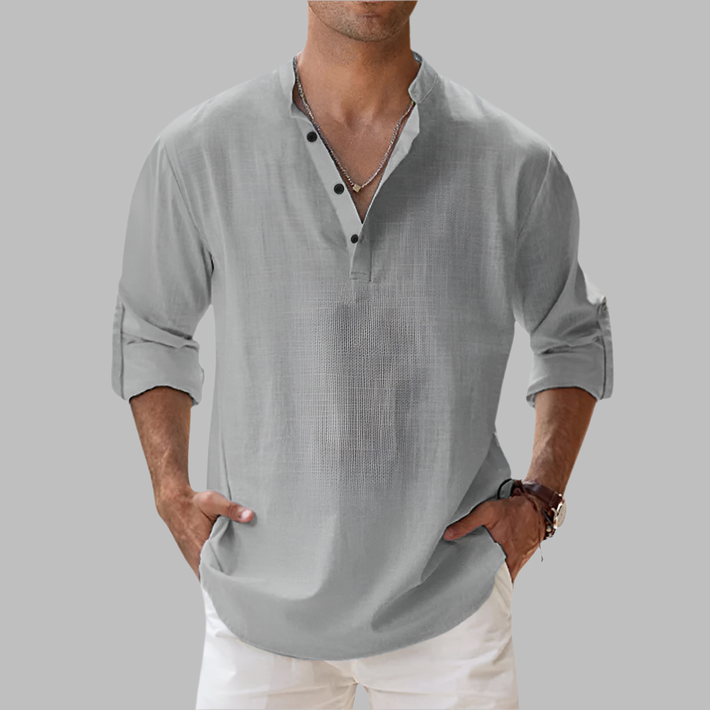 Men's Relaxed Fit Long Sleeve Band Collar Shirt