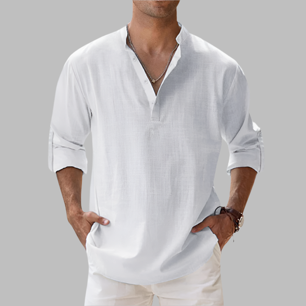 Men's Relaxed Fit Long Sleeve Band Collar Shirt
