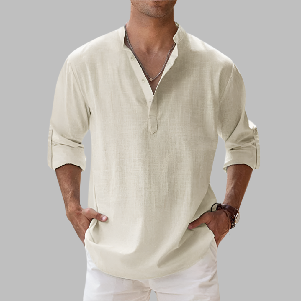 Men's Relaxed Fit Long Sleeve Band Collar Shirt