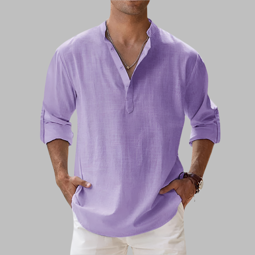 Men's Relaxed Fit Long Sleeve Band Collar Shirt