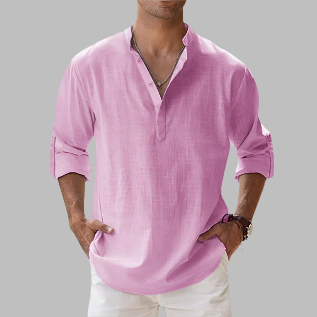 Men's Relaxed Fit Long Sleeve Band Collar Shirt