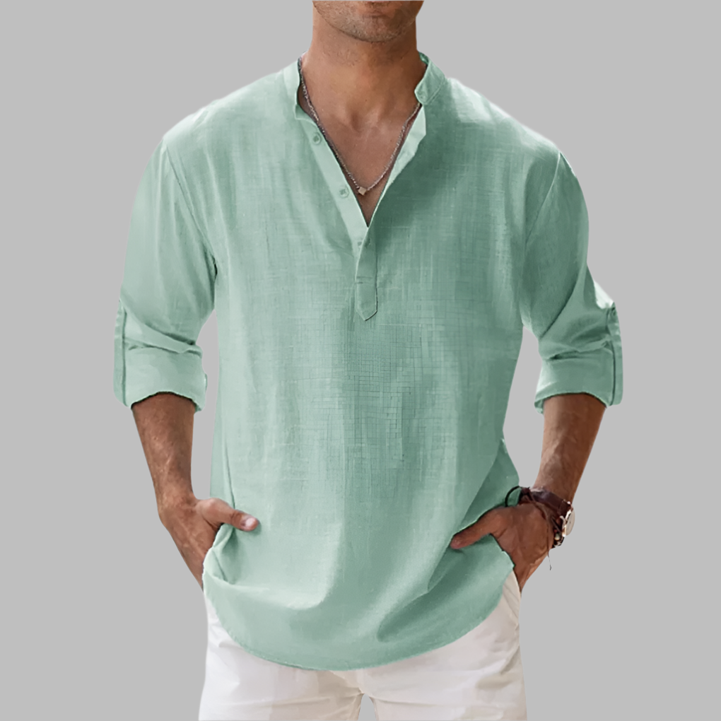 Men's Relaxed Fit Long Sleeve Band Collar Shirt