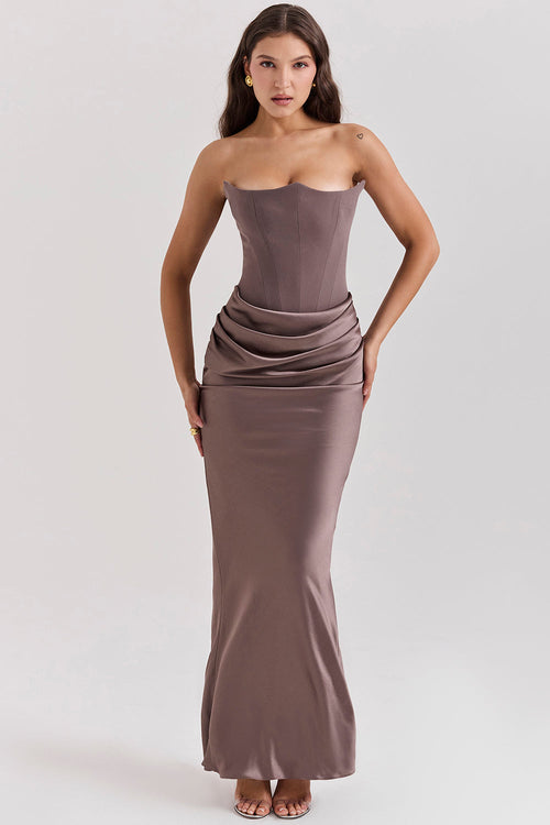 Boned Corset Strapless Satin Maxi