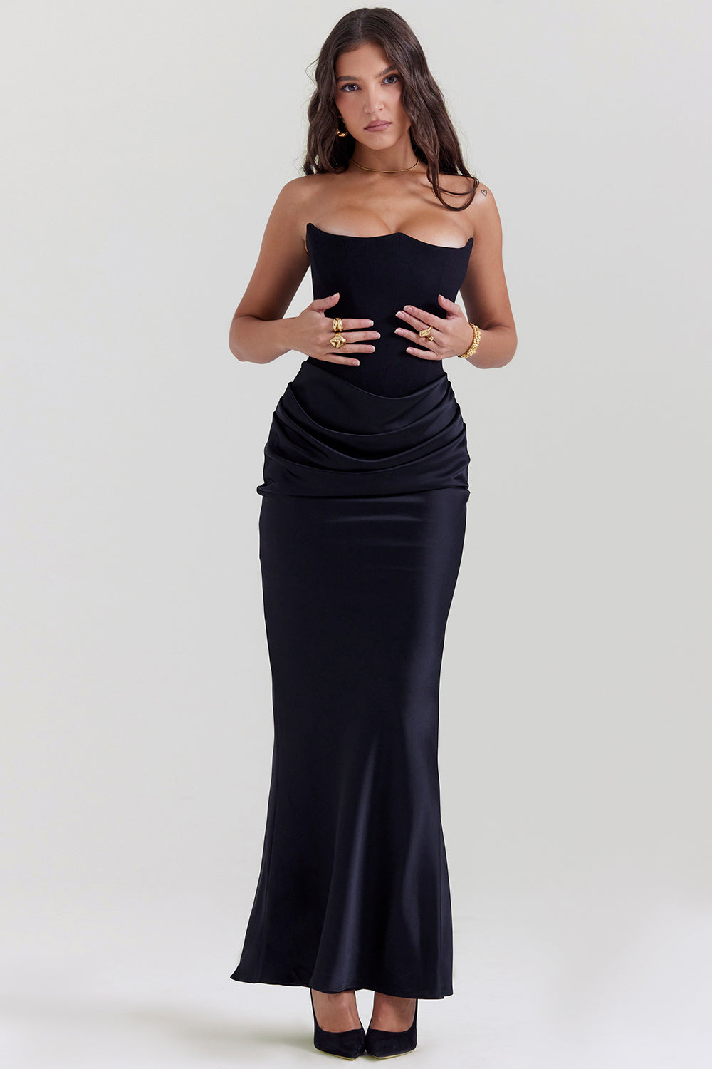 Boned Corset Strapless Satin Maxi
