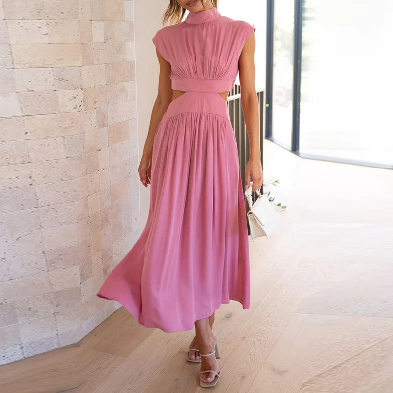 Side-Cutout Ruched Midi, Mock Neck