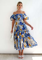 Tiered Floral Midi with Off-Shoulder Puff Sleeves