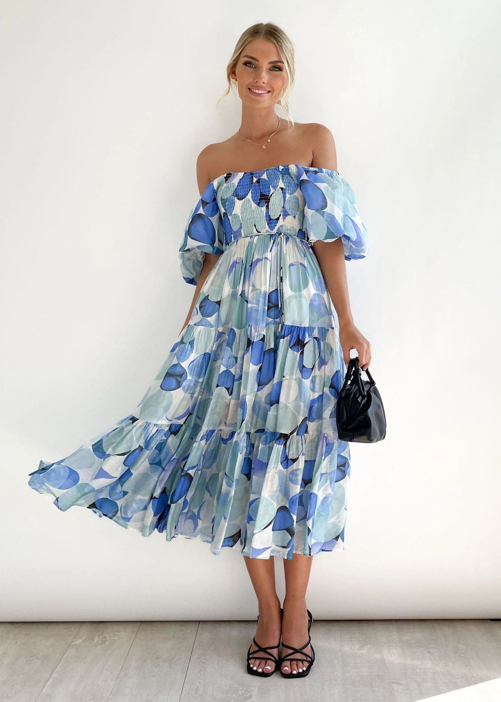 Tiered Floral Midi with Off-Shoulder Puff Sleeves