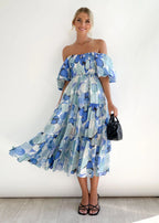 Tiered Floral Midi with Off-Shoulder Puff Sleeves