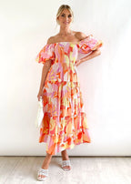Tiered Floral Midi with Off-Shoulder Puff Sleeves