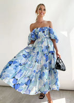 Tiered Floral Midi with Off-Shoulder Puff Sleeves