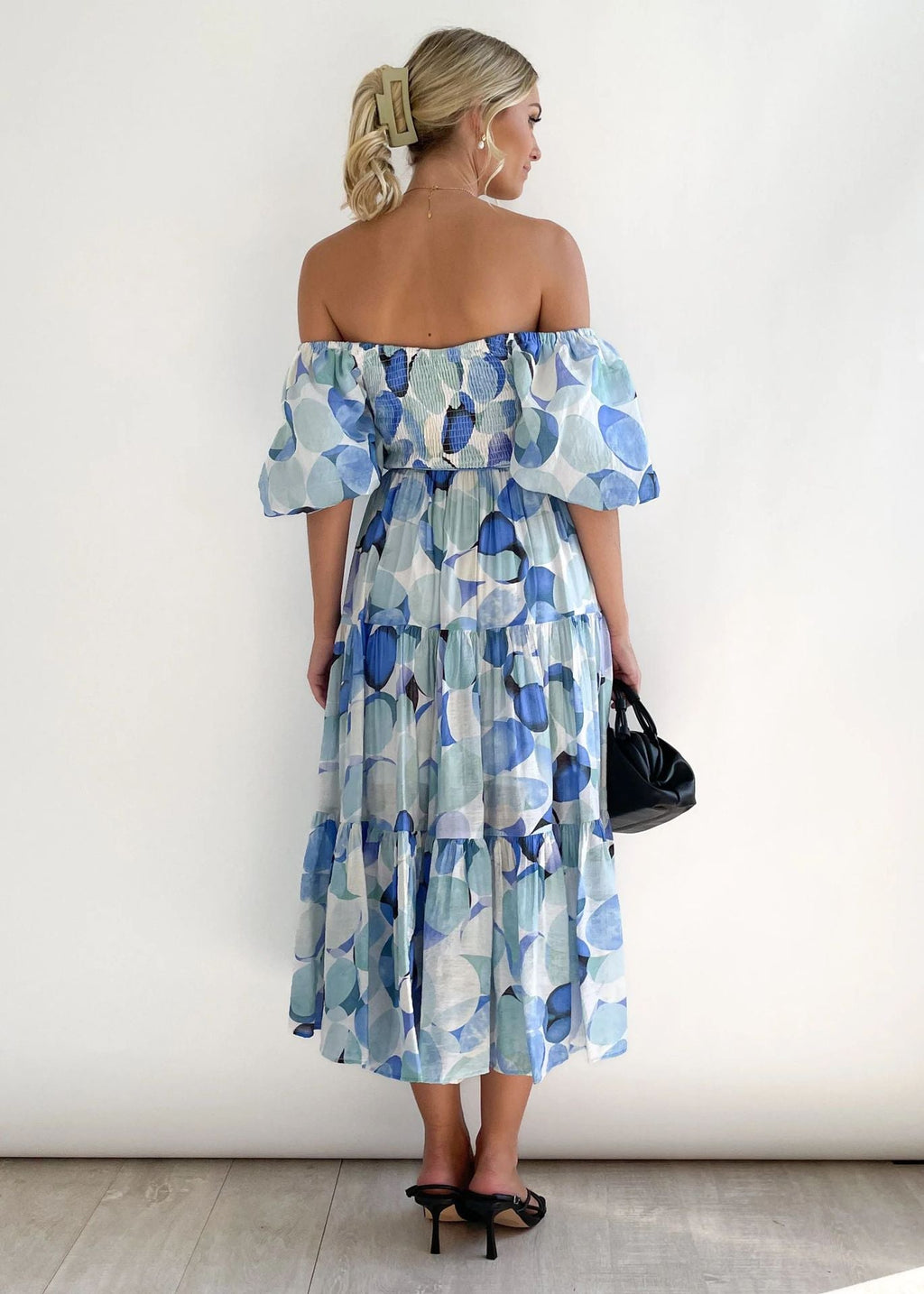 Tiered Floral Midi with Off-Shoulder Puff Sleeves