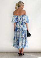 Tiered Floral Midi with Off-Shoulder Puff Sleeves