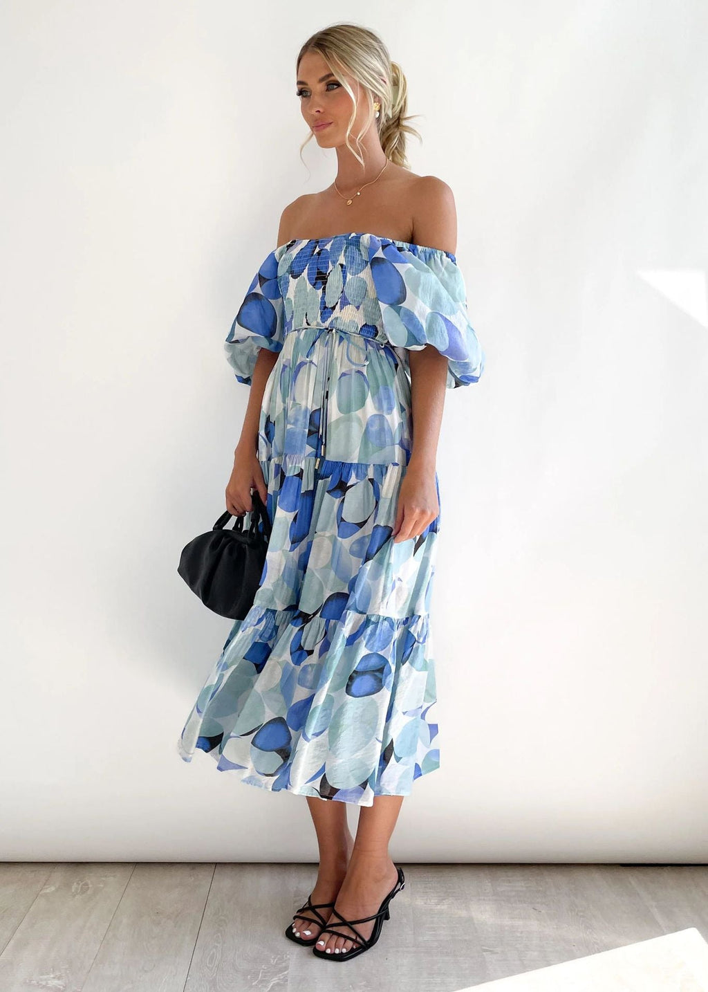 Tiered Floral Midi with Off-Shoulder Puff Sleeves