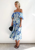Tiered Floral Midi with Off-Shoulder Puff Sleeves