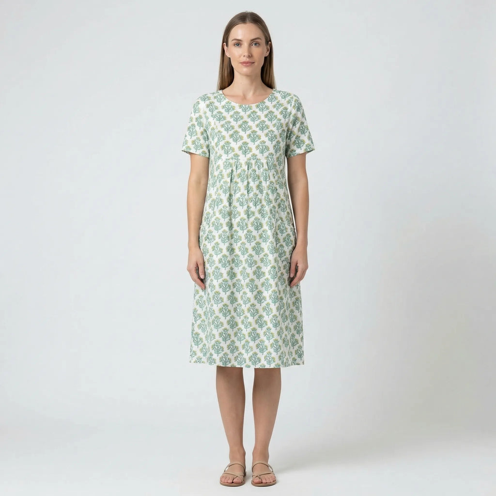 Block-Print Smocked Midi Sundress with Pockets