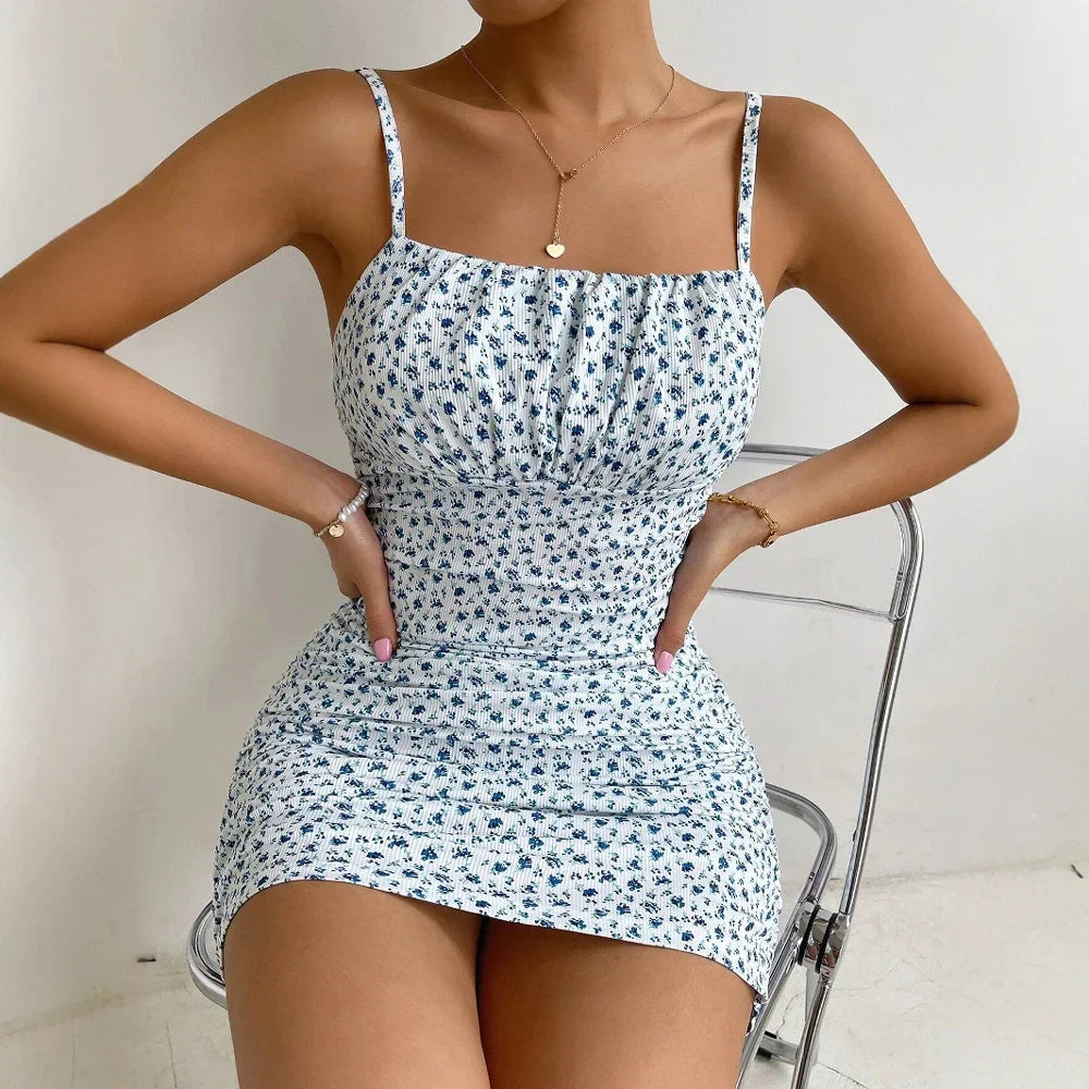 Ribbed Ditsy Floral Mini, Ruched Waist