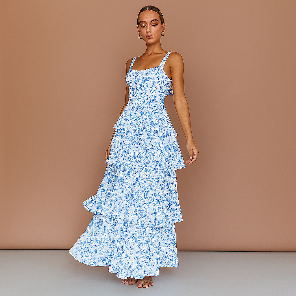 Three-Tier Floral Maxi, Square Neck