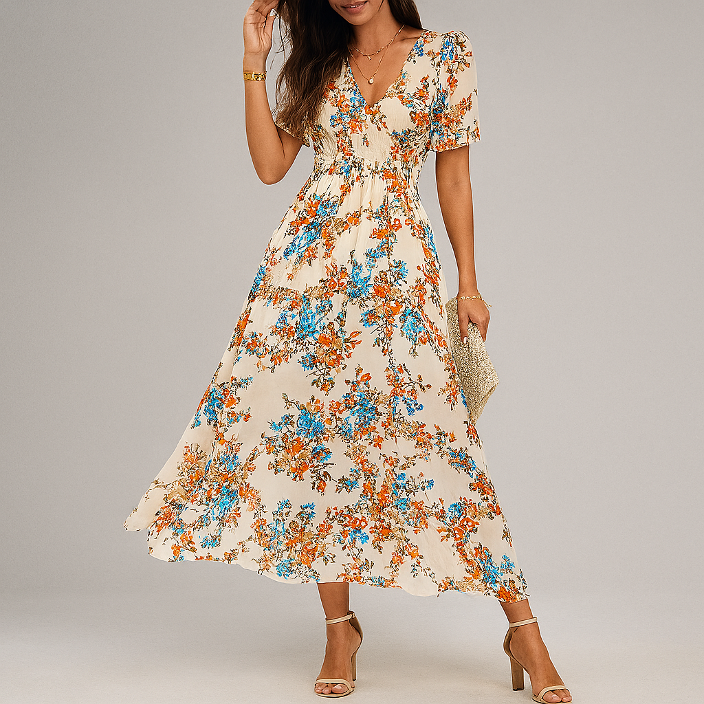 Flutter-Sleeve Floral Smocked Midi Dress
