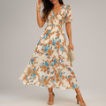 Flutter-Sleeve Floral Smocked Midi Dress