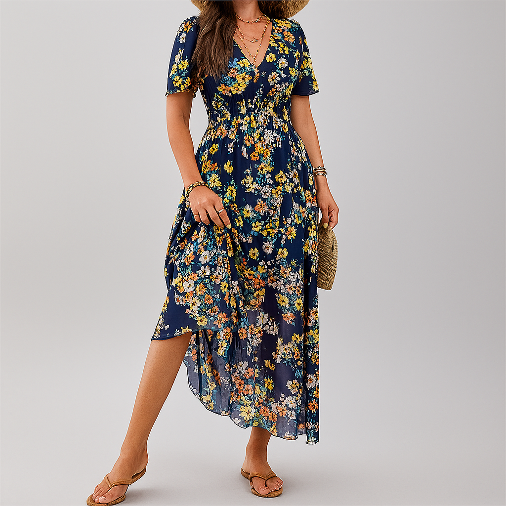 Flutter-Sleeve Floral Smocked Midi Dress