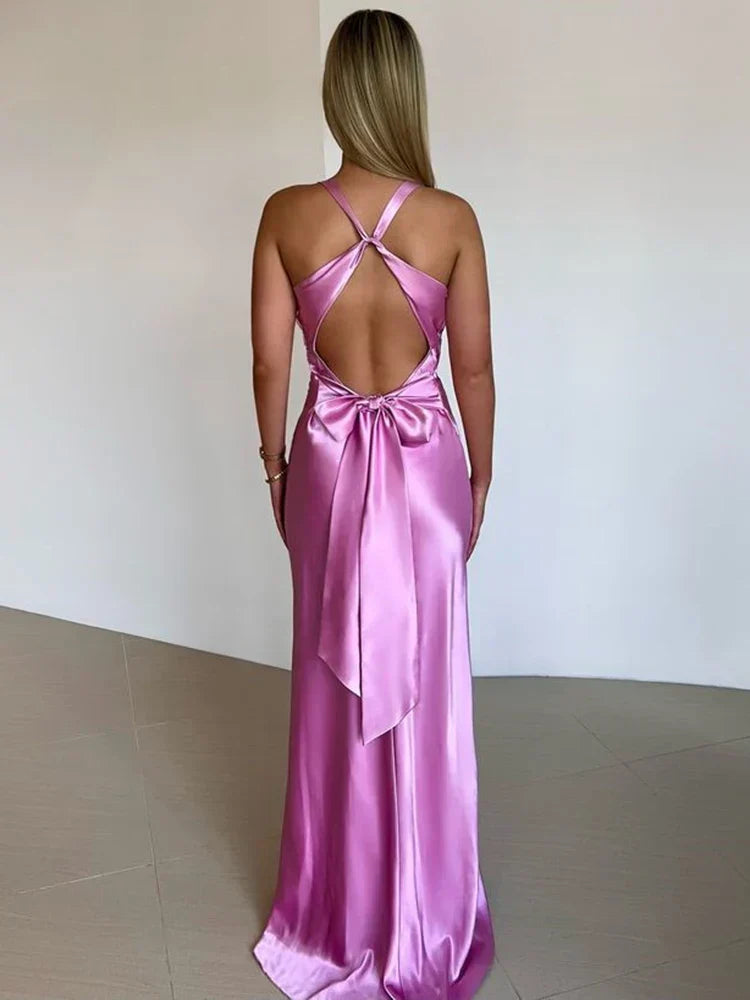Satin Halter Maxi with Knot Bust