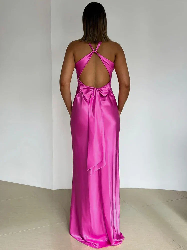 Satin Halter Maxi with Knot Bust