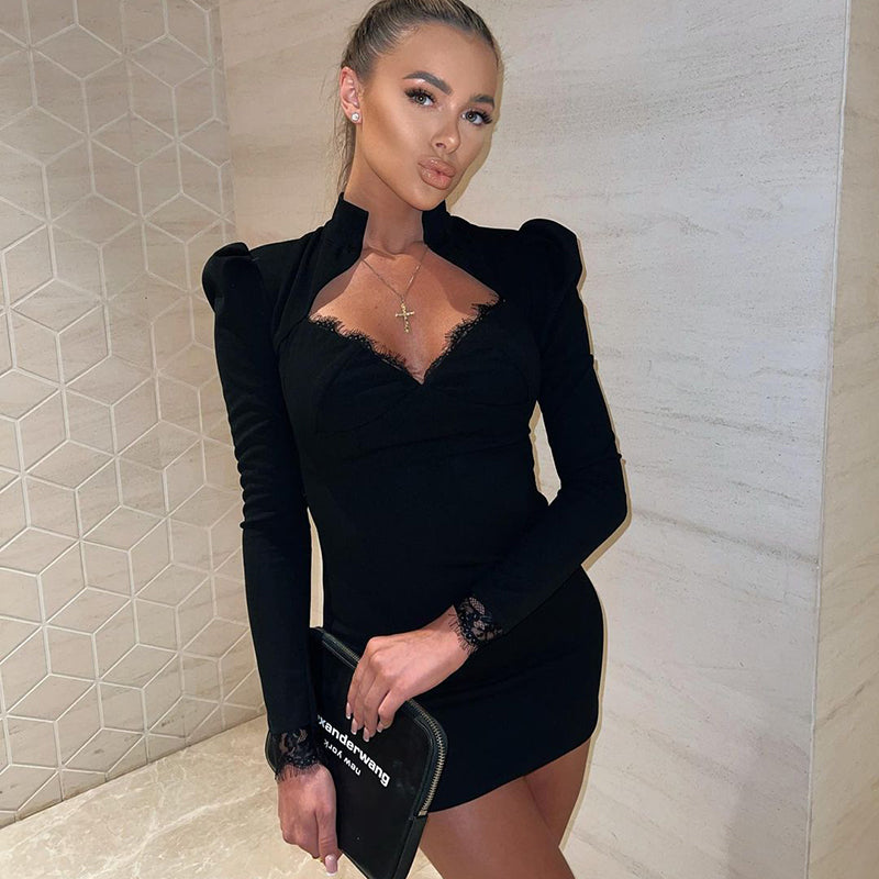 Scalloped Lace Puff Sleeve Bodycon Mini