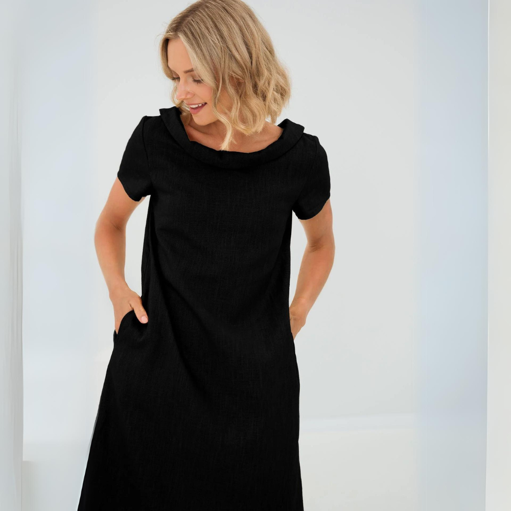 Cowl-Collar Linen Shift Mini with Pockets