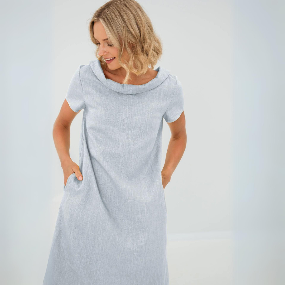 Cowl-Collar Linen Shift Mini with Pockets