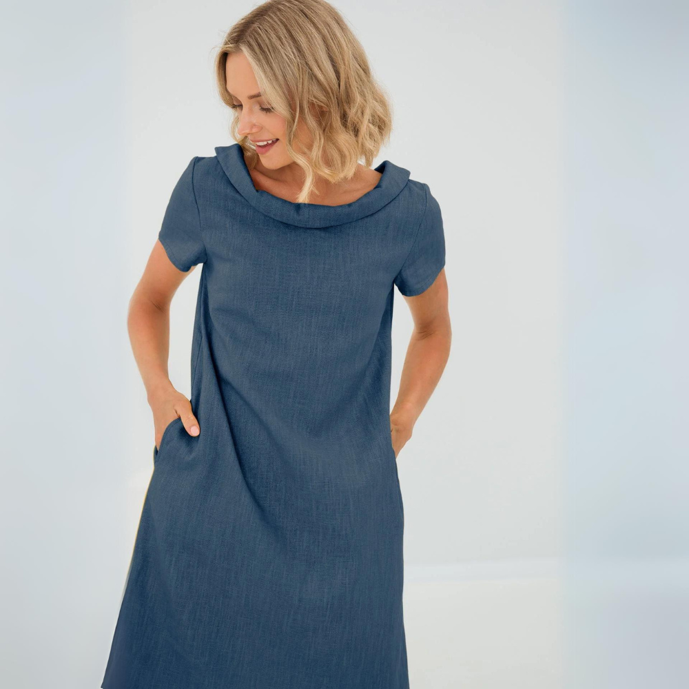 Cowl-Collar Linen Shift Mini with Pockets