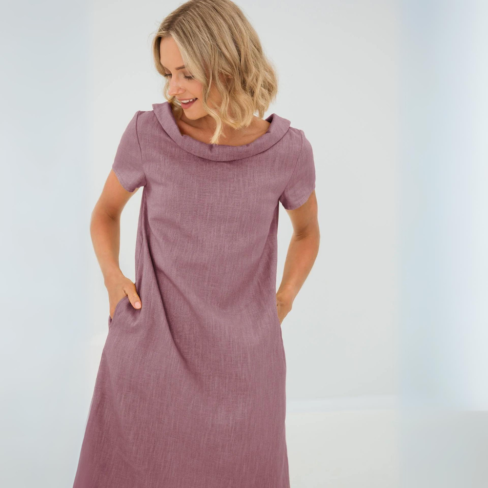 Cowl-Collar Linen Shift Mini with Pockets