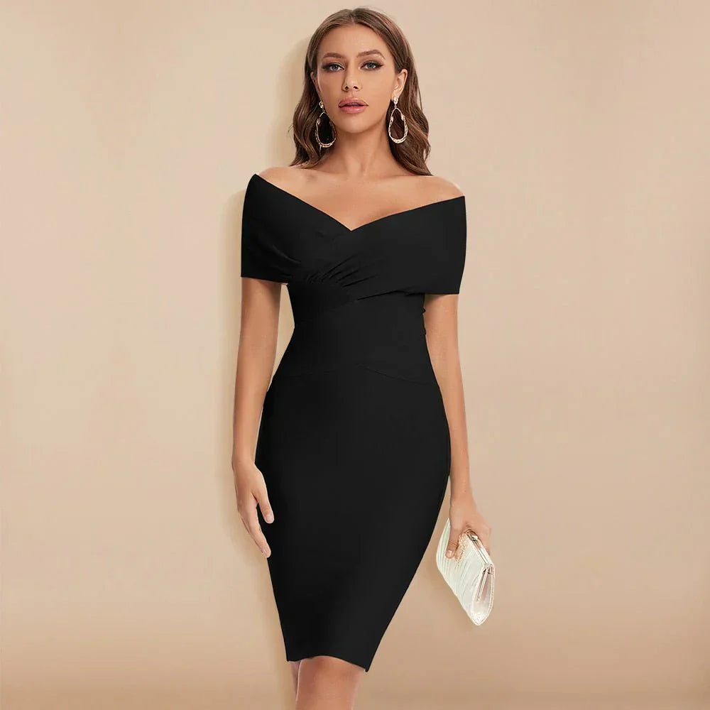 Ruched Bodycon Midi with Off-Shoulder V-Neck
