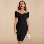Ruched Bodycon Midi with Off-Shoulder V-Neck