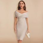 Ruched Bodycon Midi with Off-Shoulder V-Neck