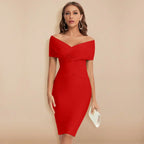 Ruched Bodycon Midi with Off-Shoulder V-Neck