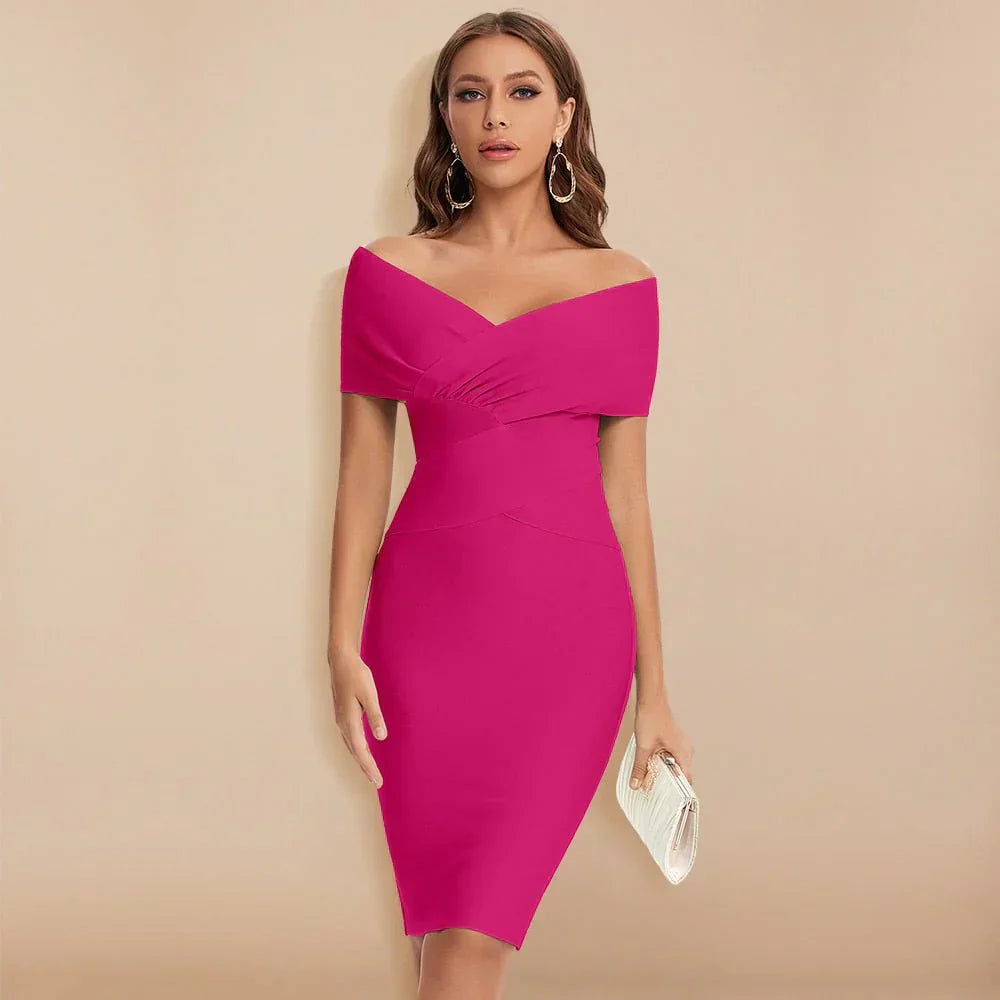 Ruched Bodycon Midi with Off-Shoulder V-Neck