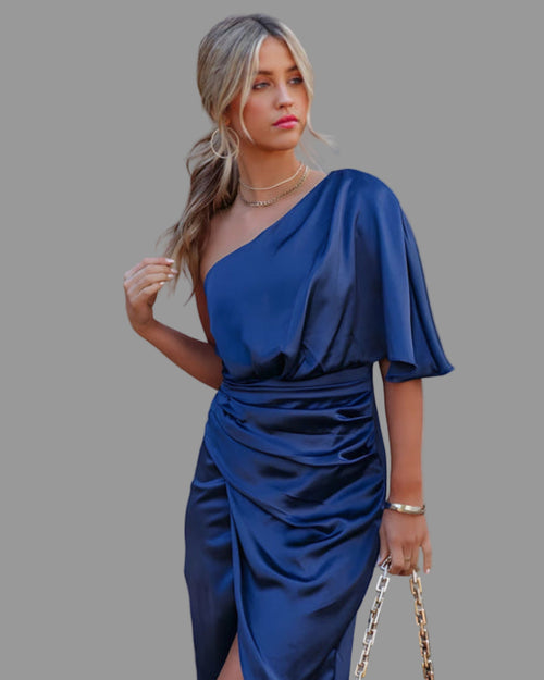 Asymmetric Satin Ruched Mini Dress