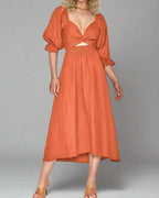 Twist-Front Boho Midi with Puff Sleeves