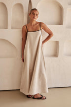 Contrast-Trim Square Neck Maxi Sundress