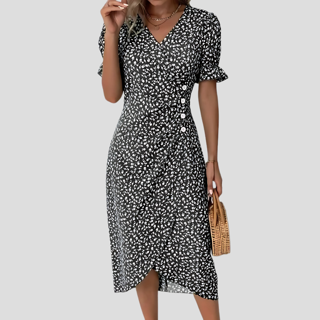Wrap-Front Floral Midi with Ruffle Cuffs