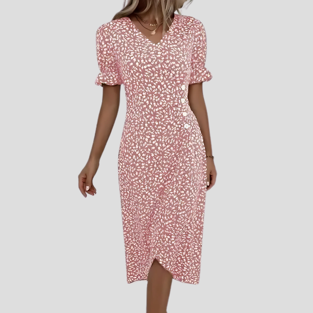 Wrap-Front Floral Midi with Ruffle Cuffs