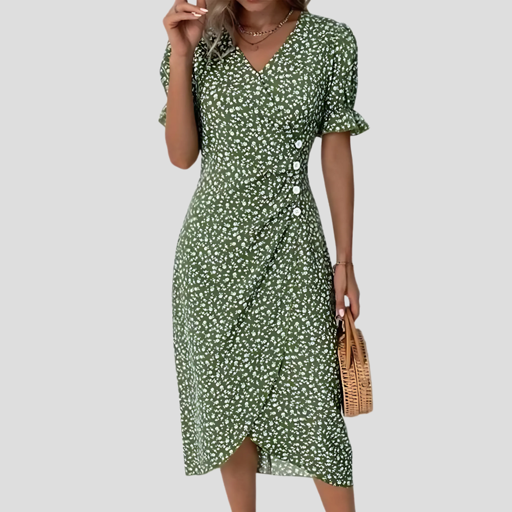 Wrap-Front Floral Midi with Ruffle Cuffs