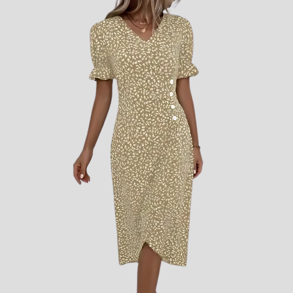 Wrap-Front Floral Midi with Ruffle Cuffs