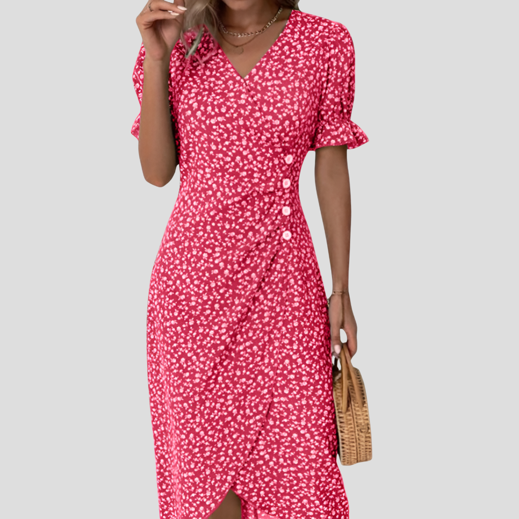 Wrap-Front Floral Midi with Ruffle Cuffs