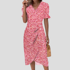 Wrap-Front Floral Midi with Ruffle Cuffs
