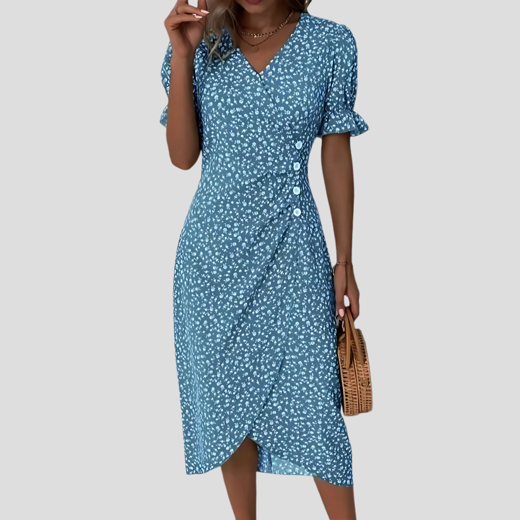 Wrap-Front Floral Midi with Ruffle Cuffs